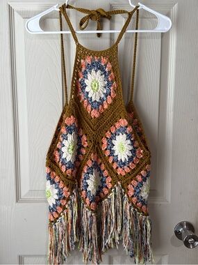Free People Mustard Braided Halter with Multicolor Crochet